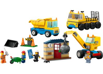 Construction Trucks and Wrecking Ball Crane