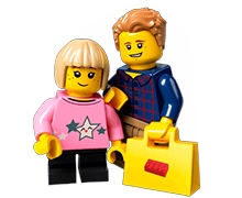 2 lego minifigures holding a lego bag