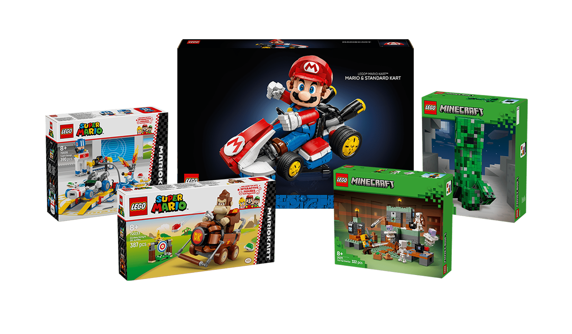 Various LEGO gaming prize sets displayed together